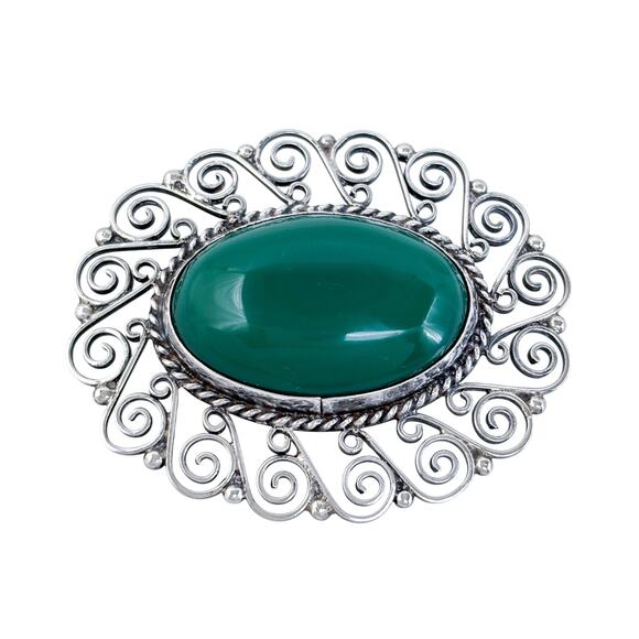 Green Onyx Filigree Brooch Pin | Vintage Sterling Silver 925 - Picture 2 of 7